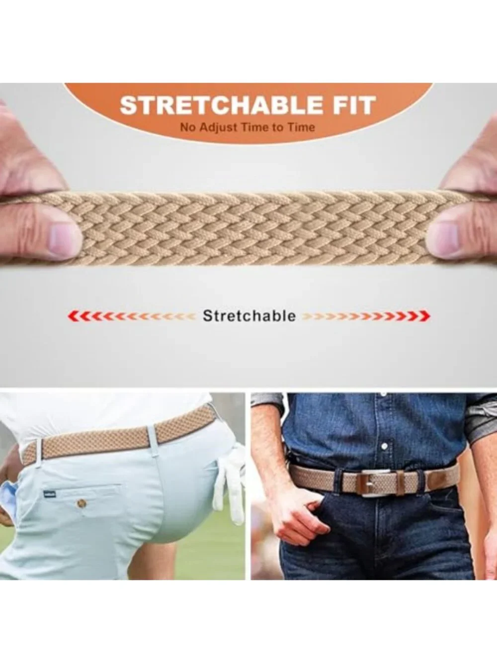 Stretch Braided Belt for Men - Elastic Woven Golf Belt - No-Hole Design - Nylon